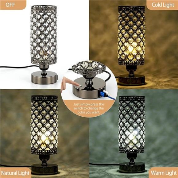 Crystal Bedside Black Table Lamp 3 Color Options Lamps for Bedroom Modern USB - Picture 3 of 7